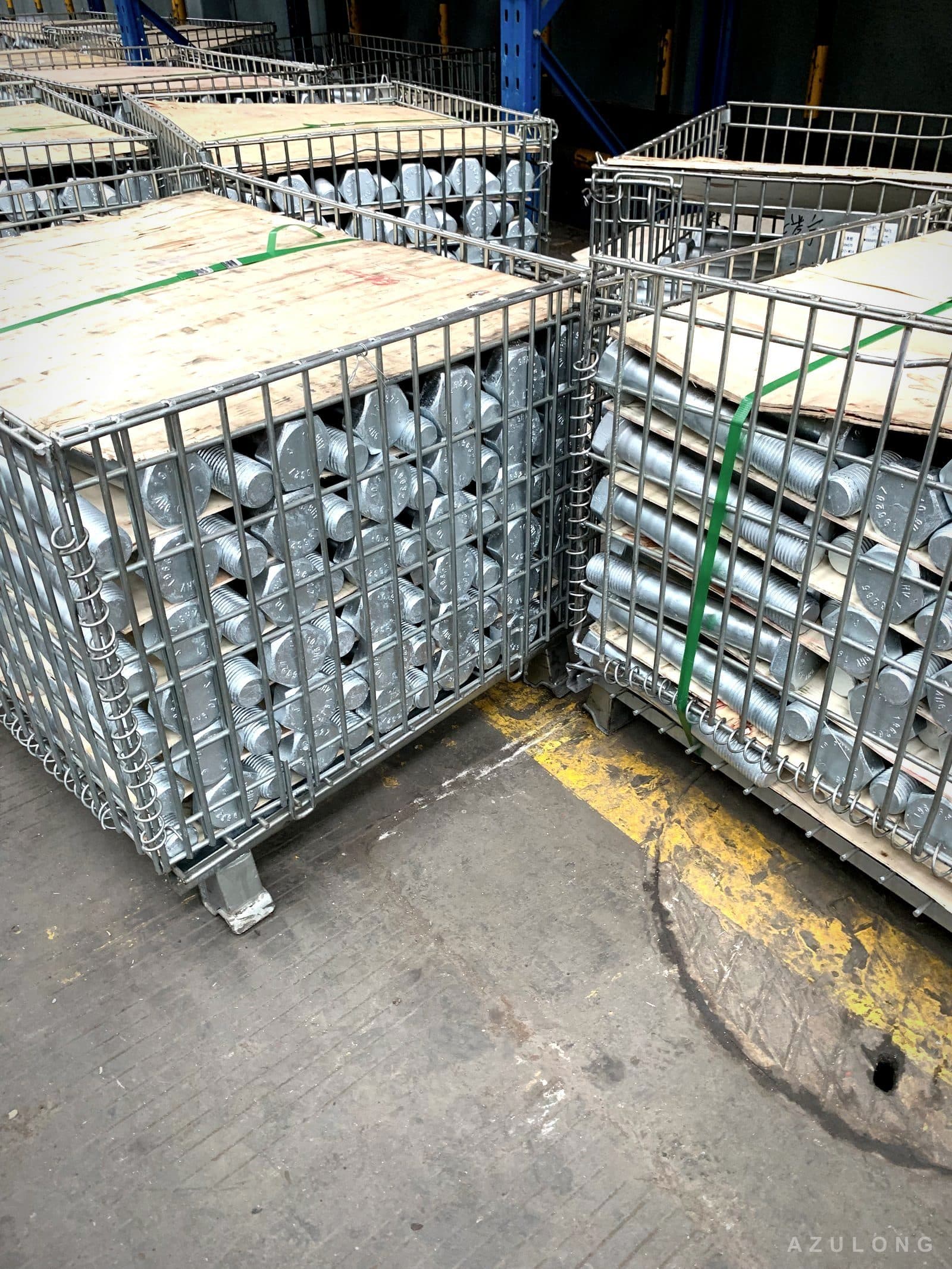 AzuLong warehouse - wire cages of galvanized bolts ready for packing